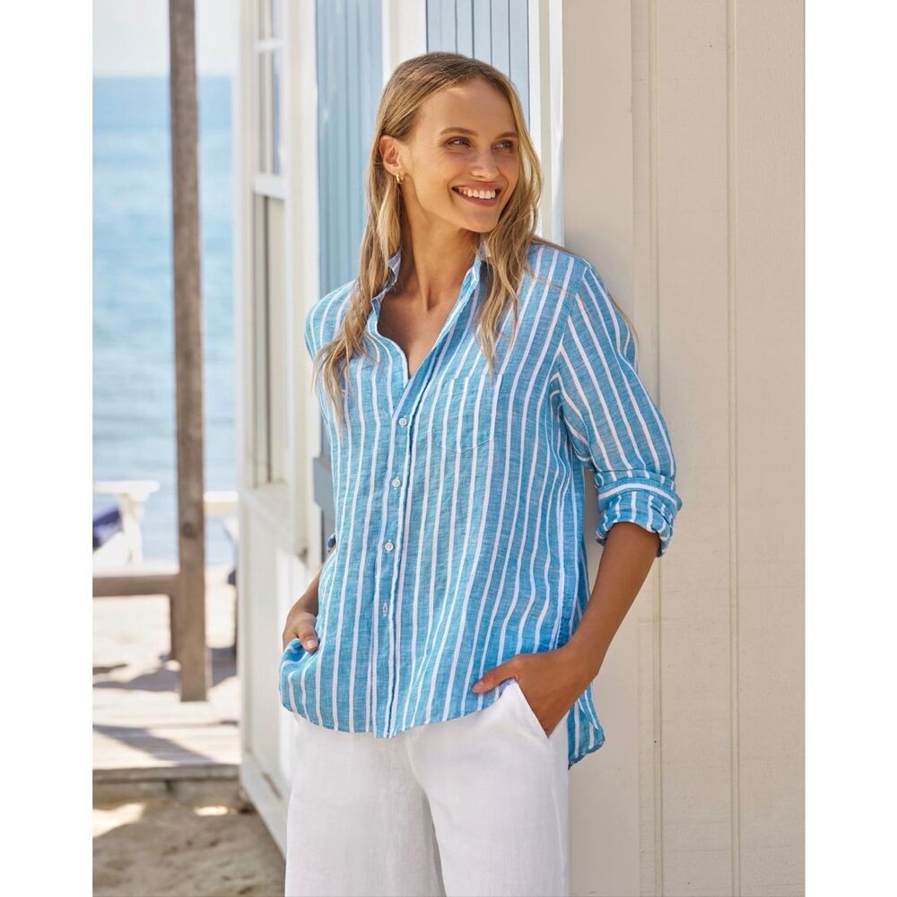 Frank & Eileen Eileen Relaxed Button Up Shirt in Turquoise and White Stripe XS
